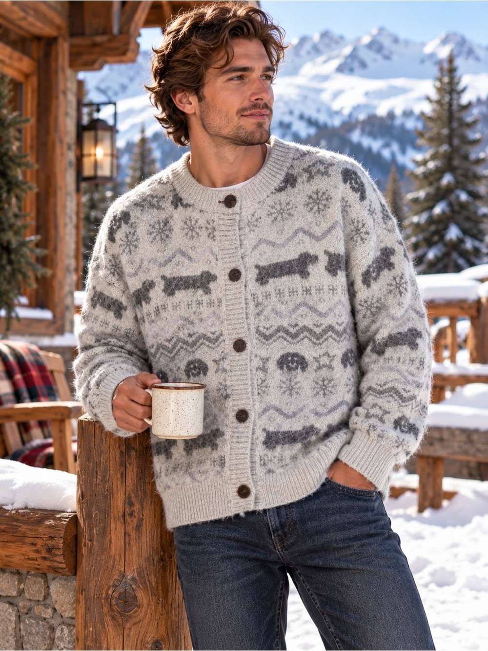 Aelfric Eden Mens L Dog Fair Isle Cardigan Dachshund Gray Fuzzy Knit Sweater